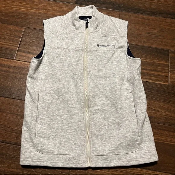 Vineyard Vines Boys Performance Vest Large 16 Gray Navy Blue Lining Full Zip NWT - Picture 1 of 8